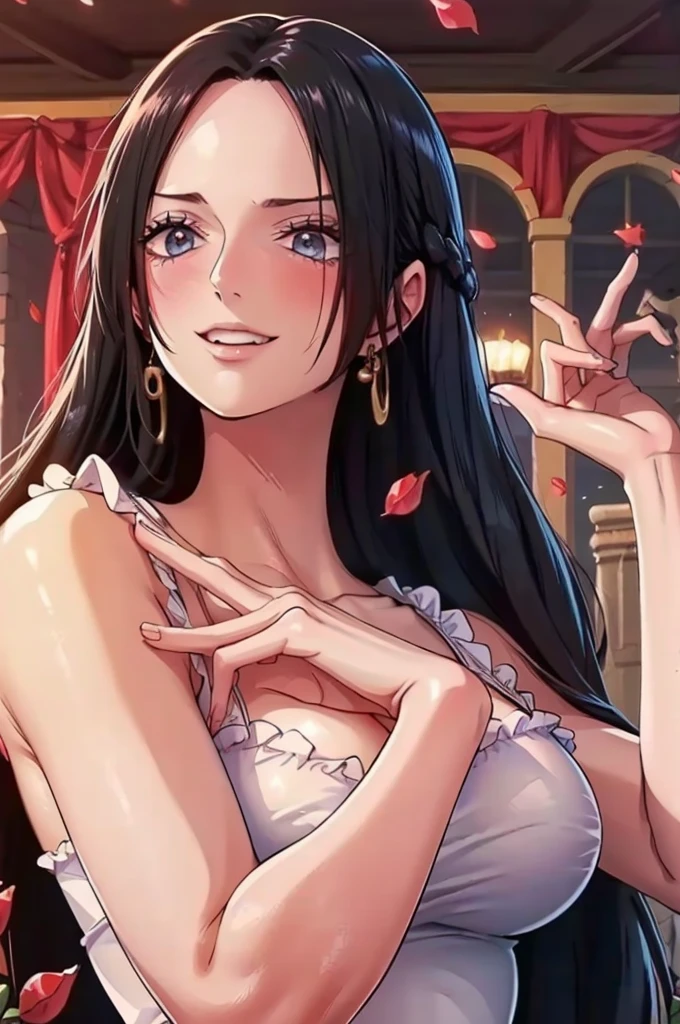 best quality, masterpiece, highly detailed,1girl, ((rose)), (vine), cage, bandage, red rope, (detail light), falling rose petals, Boa Hancock, , (masterpiece:1.5), Detailed Photo, Smiling, y, (8K, Best Quality: 1.4), (1girl), Beautiful Face, (anime realistic Face), (Black Hair, long Hair: 1.3), Beautiful Hairstyle, Realistic eyes, beautiful detail eyes, (white skin), beautiful skin, absurd, attractive, ultra high resolution, ultra realistic, high definition, golden ratio, (sexoused:1.5), Pinkish white skin, cool white light, sexy pose, utiful , white background, pink soft white light, Wear a white dress, sexy armpit, bk lace bra