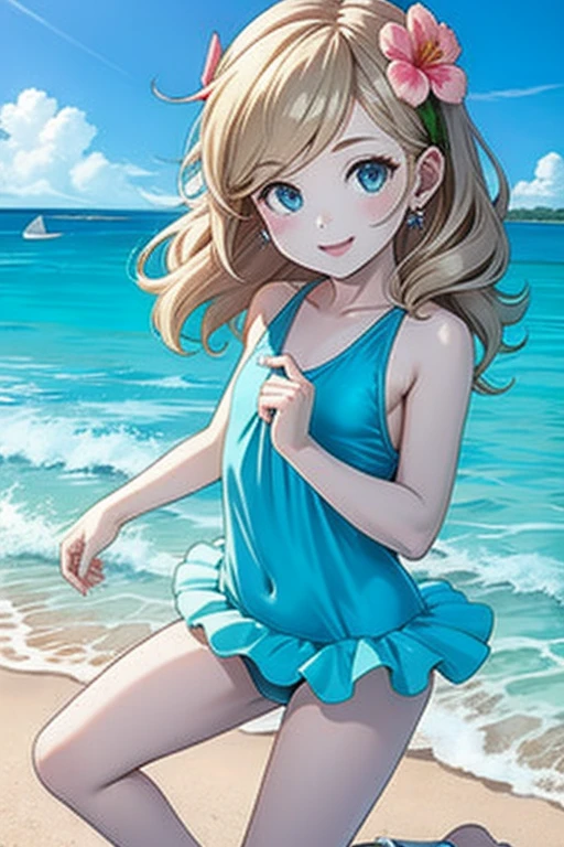 girl、solo、、swimsuit one piece、seductive pose、smile、beach、Playing with the waves on the beach、