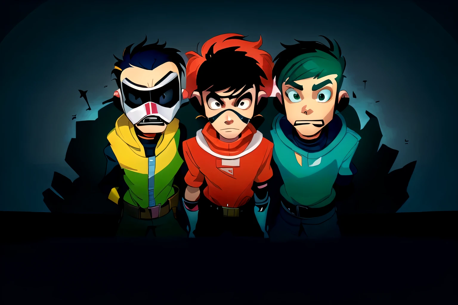 Three cartoon characters stand in a row，The background is dark, toolbelt art, The name of the band is Roborock, very stylized, artistic, Stylized digital illustration, 2d illustration, 2d illustration, Gorillaz and Daft Punk records, Portrait of a silly punk, Very coherent stylized artwork, masked heroes, Vector, toolbelt