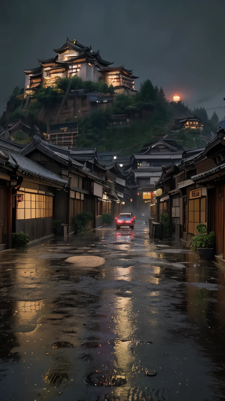 arafed view of a village with a lot of lights on the buildings, dreamy chinese town, chinese village, amazing wallpaper, japanese town, japanese village, hyper realistic photo of a town, old asian village, japanese city, by Raymond Han, rainy evening, cyberpunk chinese ancient castle, beautifully lit buildings, at evening during rain, beautiful and aesthetic, photography, cinematic, 8k, high detailed ((Heavy rain))) Make a Cool car aside the building make it a bird eye level view