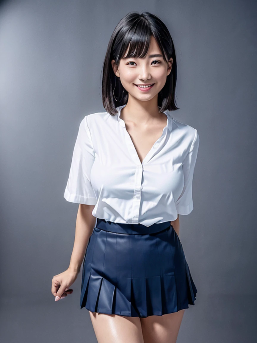(high resolution:1.5),(8K:1.5),(High resolution:1.5),(masterpiece:1.5),Young face,10 year old Japanese girl,Looking at this,smile,Big Breasts,A white blouse that shows the shape of your breasts,Navy blue pleated mini skirt,whole body