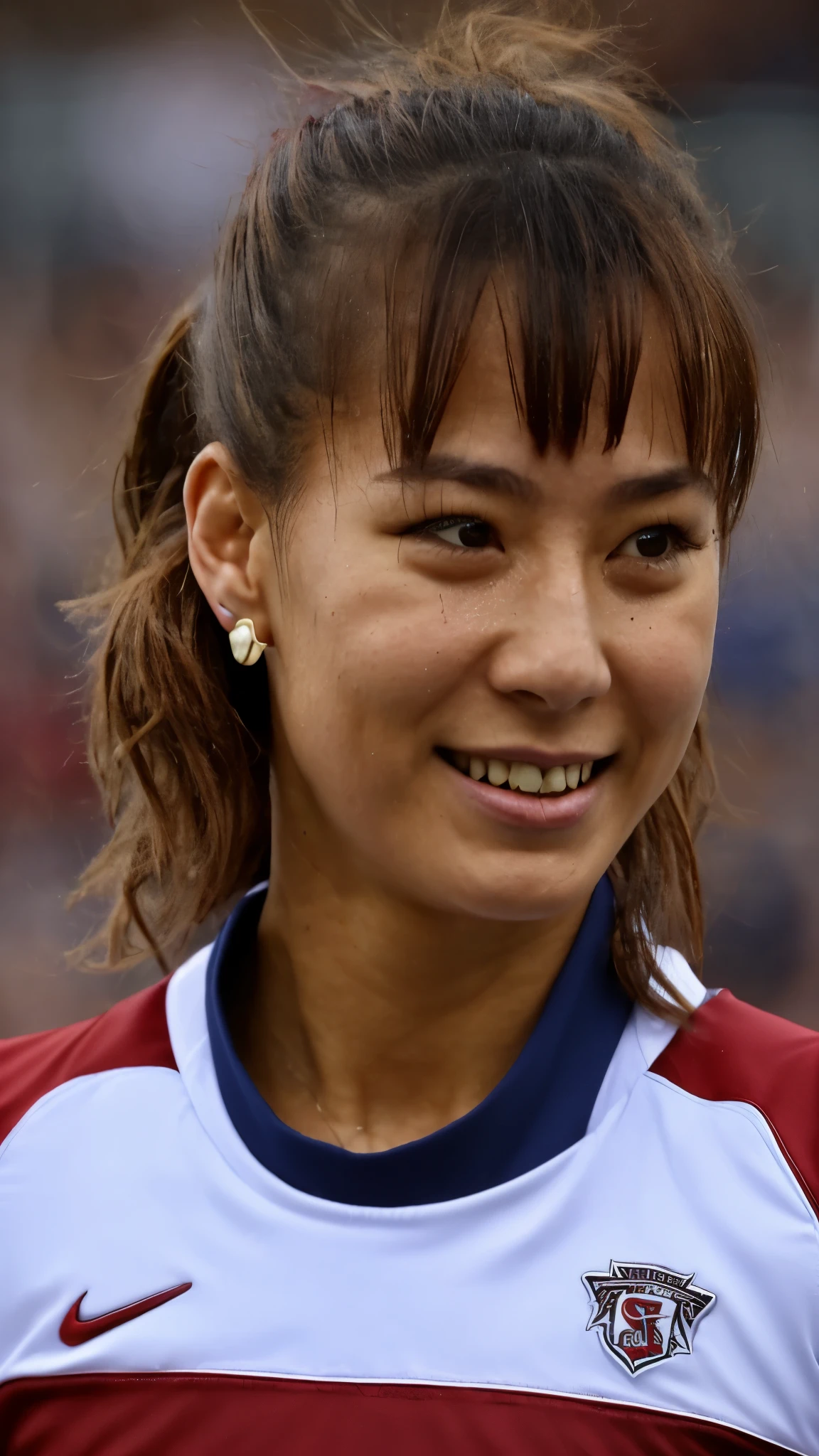 ((highest quality)), ((8K)), ((masterpiece:1.3)), (perfect look), (photorealism:1.6), (Female hockey player running on the field), (Festival venue crowded with people), japanese woman, 47 years old, ((Realistic skin texture)), (Fine wrinkles throughout the skin: 1.3), (Dull skin: 1.1), (Skin without moisture: 1.2) , (Wrinkles on the face: 0.9), (Wrinkles on the corners of the eyes: 1.2), Double eyelids, tear bags on the lower eyelids, (Crying moles: 0.9), The eyes are looking here, serious gaze, (Dimples: 1.2), red lips, short bangs, long hair, Long hair with curls at the tips, (hair falls over ears), smiling with the corners of the mouth raised, women's hockey uniform, barefoot, hair fluttering in the wind, small breasts, trained thigh muscles, (whole body: 1.4), low angle,