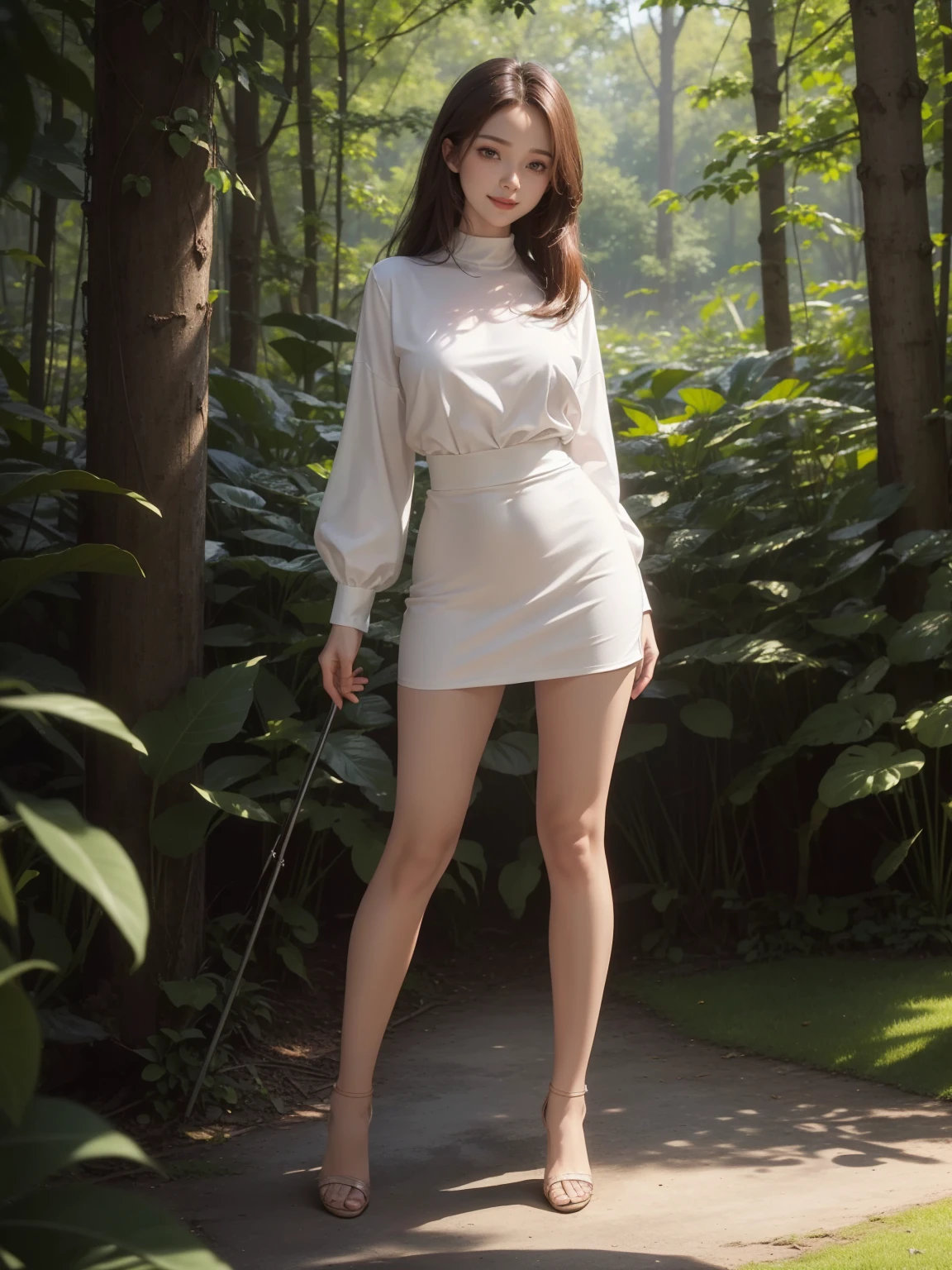 ((Show full body from head to toe, Standing perfectly, standing pose, Body facing to the viewer (Show front body, show center body)). Balance focused camera view, Centered camera view, middle camera view, vertical scape camera. Masterpiece, illustration:1.1, best quality, fine detail, perfect detail, sharp detail, sharp color, bright color, 8K, Ultra HD, Ultra-clear portrait, big resolution, bright lighting, perfect lighting, perfect shadow, top quality, sharp focus. A Beautiful woman wearing shirt with skirt. Show heels. Big breast:1.5, tall body, fit body, Leg length, slim body, bright skin, glowing skin, glowing face, bright face, wearing makeup, lipstick, glossy lips, blush. Smiling, looking at the camera, looking to the viewers. Outdoor, forest, fantasy, medieval.