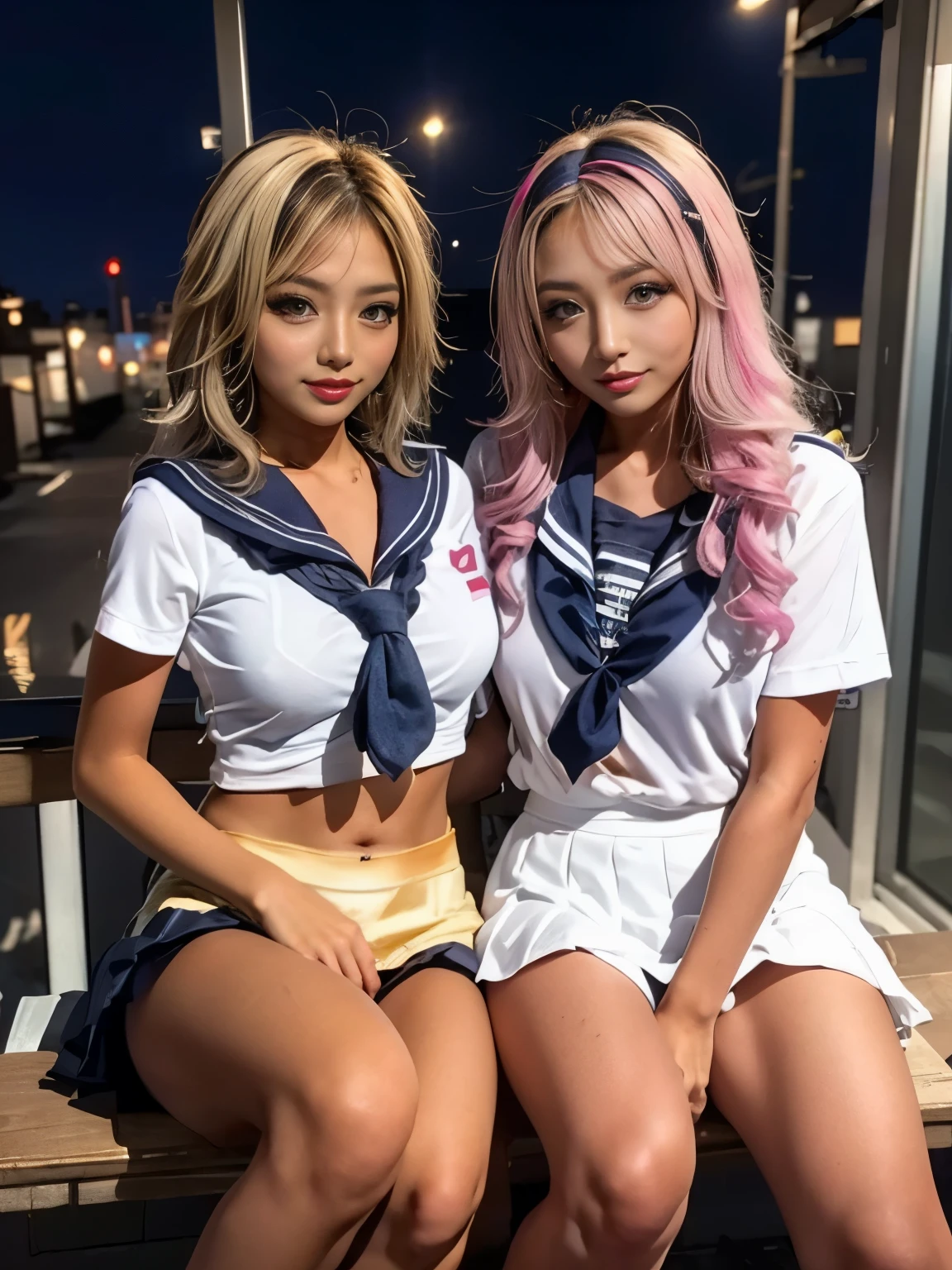 ミニスカートを履いたTwo peopleの女子高生:1.7,((Two people high school girl:2)),((Two people)),Dynamic Angle, Perfect body, night,moonlight,Exterior lights,Gal, (Anatomically correct),masterpiece, highest quality, RAW Photos, Realistic, face,, Beautiful girls, cute, Written boundary depth, High resolution, Super detailed, detailed, ighly detailedd, Extremely detailed eye and realistic student, pale and tanned skin,Two peopleで,woman,(panties), (Short-sleeved sailor uniform:1.4),Spread your legs,Wide Hips, ((Sensual;1.5)), Glamour, Big Breasts,Sunburn marks on tanned skin,Pink Hair,blonde,Platinum Hair,Brown Hair,orange,Wavy Hair,Shortcuts,Pixie Cut,Cosplay,building,intersection,stage,Pedestrian bridge,vending machine,night,深night,Blurred Background:1.2,White panties,Pink panties,Yellow panties,Black panties,GirlTwo people,Two people high school girl,