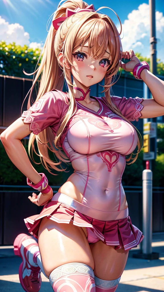 Anime girl in pink cheerleader costume posing, Anime CG soft art, Highly detailed Artgerm, Best 4K anime, Detailed digital anime art, Trending on ArtStation Pixiv, Anime Moe art style, Digital anime art, ArtStation Pixiv, (((intricate details, no underwear))),