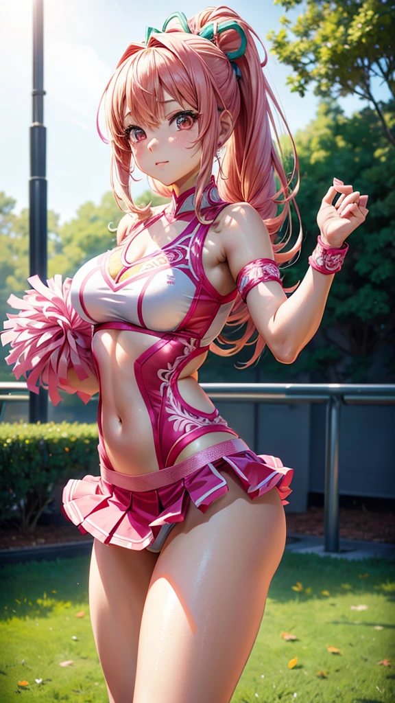 Anime girl in pink cheerleader costume posing, Anime CG soft art, Highly detailed Artgerm, Best 4K anime, Detailed digital anime art, Trending on ArtStation Pixiv, Anime Moe art style, Digital anime art, ArtStation Pixiv, (((intricate details, no underwear))),