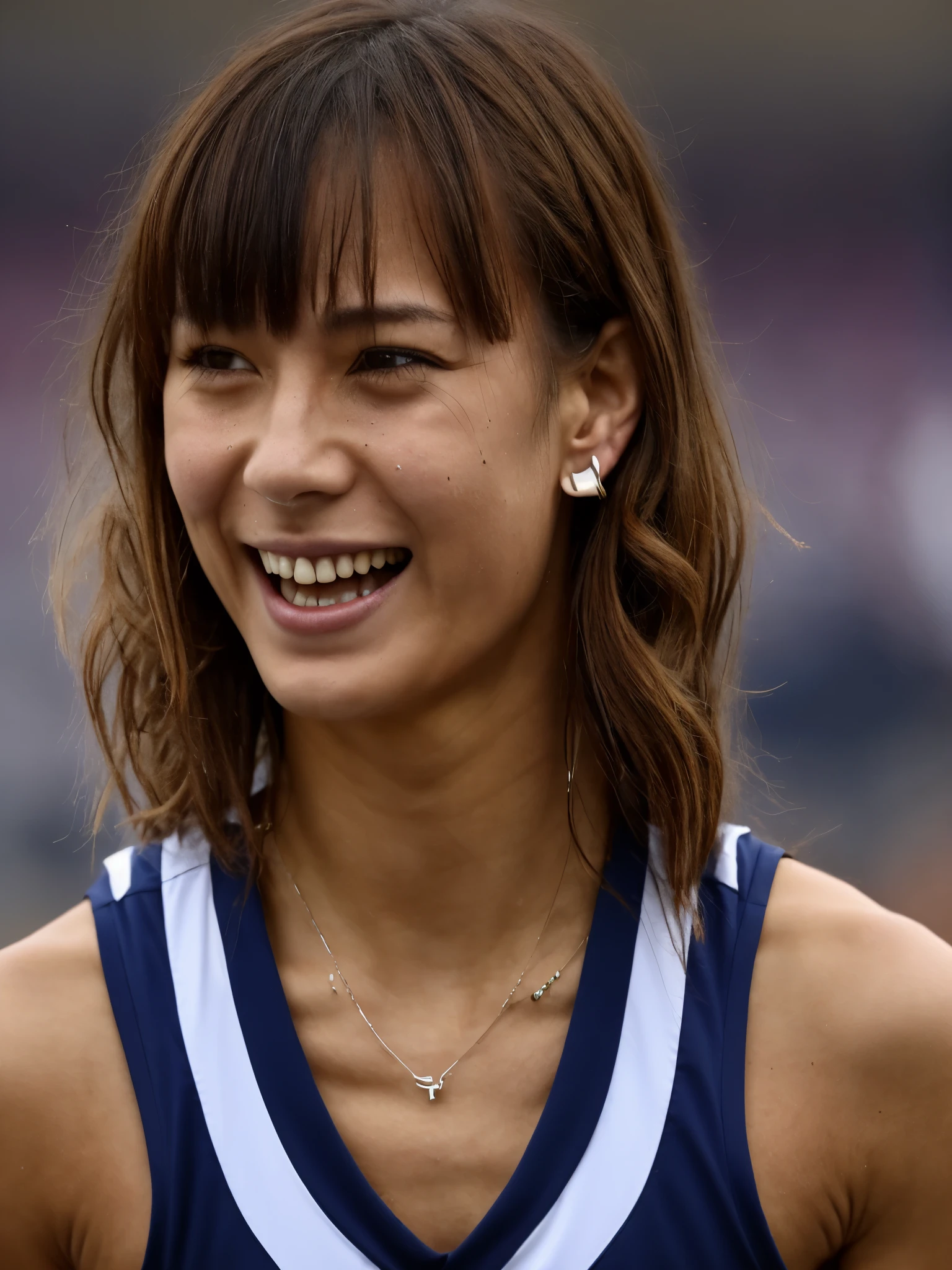 ((highest quality)), ((8K)), ((masterpiece:1.3)), (perfect look), (photorealism:1.6), (Female hockey player running on the field), (Festival venue crowded with people), japanese woman, 47 years old, ((Realistic skin texture)), (Fine wrinkles throughout the skin: 1.3), (Dull skin: 1.1), (Skin without moisture: 1.2) , (Wrinkles on the face: 0.9), (Wrinkles on the corners of the eyes: 1.2), Double eyelids, tear bags on the lower eyelids, (Crying moles: 0.9), The eyes are looking here, serious gaze, (Dimples: 1.2), red lips, short bangs, long hair, Long hair with curls at the tips, (hair falls over ears), smiling with the corners of the mouth raised, women's hockey uniform, barefoot, hair fluttering in the wind, small breasts, trained thigh muscles, (whole body: 1.4), low angle,