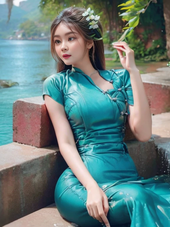 woman in a green dress sitting in a body of water, gorgeous woman, very beautiful top model, gorgeous lady, closeup fantasy with water magic, stunning elegant pose, pale tunic, flowing dress, cute woman, beautiful female model, beautiful goddess, summer season, wearing a dress made of water, stunning woman, varied poses, rainfall, soaked, dripping wet, sunlight