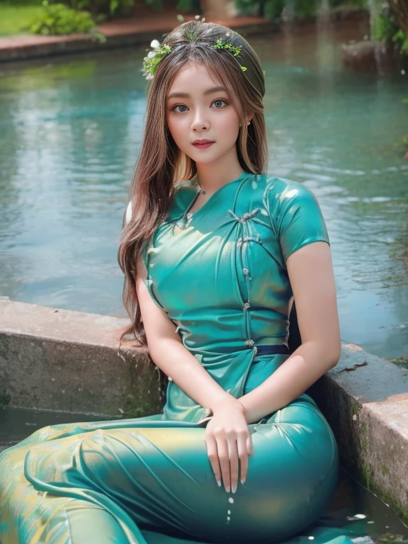 woman in a green dress sitting in a body of water, gorgeous woman, very beautiful top model, gorgeous lady, closeup fantasy with water magic, stunning elegant pose, pale tunic, flowing dress, cute woman, beautiful female model, beautiful goddess, summer season, wearing a dress made of water, stunning woman, varied poses, rainfall, soaked, dripping wet, sunlight