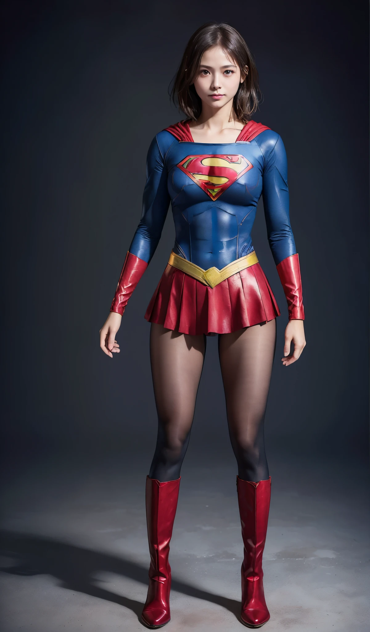 No background、(((Beautiful legs in black tights.)))、(((Legally express the beauty of your smile)))、((((Make the most of your original images)))、(((Supergirl Costume)))、(((beautiful short hair)))、(((suffering)))、(((Please wear black tights....、Wear red boots)))、((Best image quality、8K))、((highest quality、8K、masterpiece:1.3))、(((Preserve background )))、Sharp focus:1.2、Beautiful woman with perfect figure:1.4、Thin abdominal muscles:1.2、Wet body:1.5、Highly detailed face and skin texture、8K