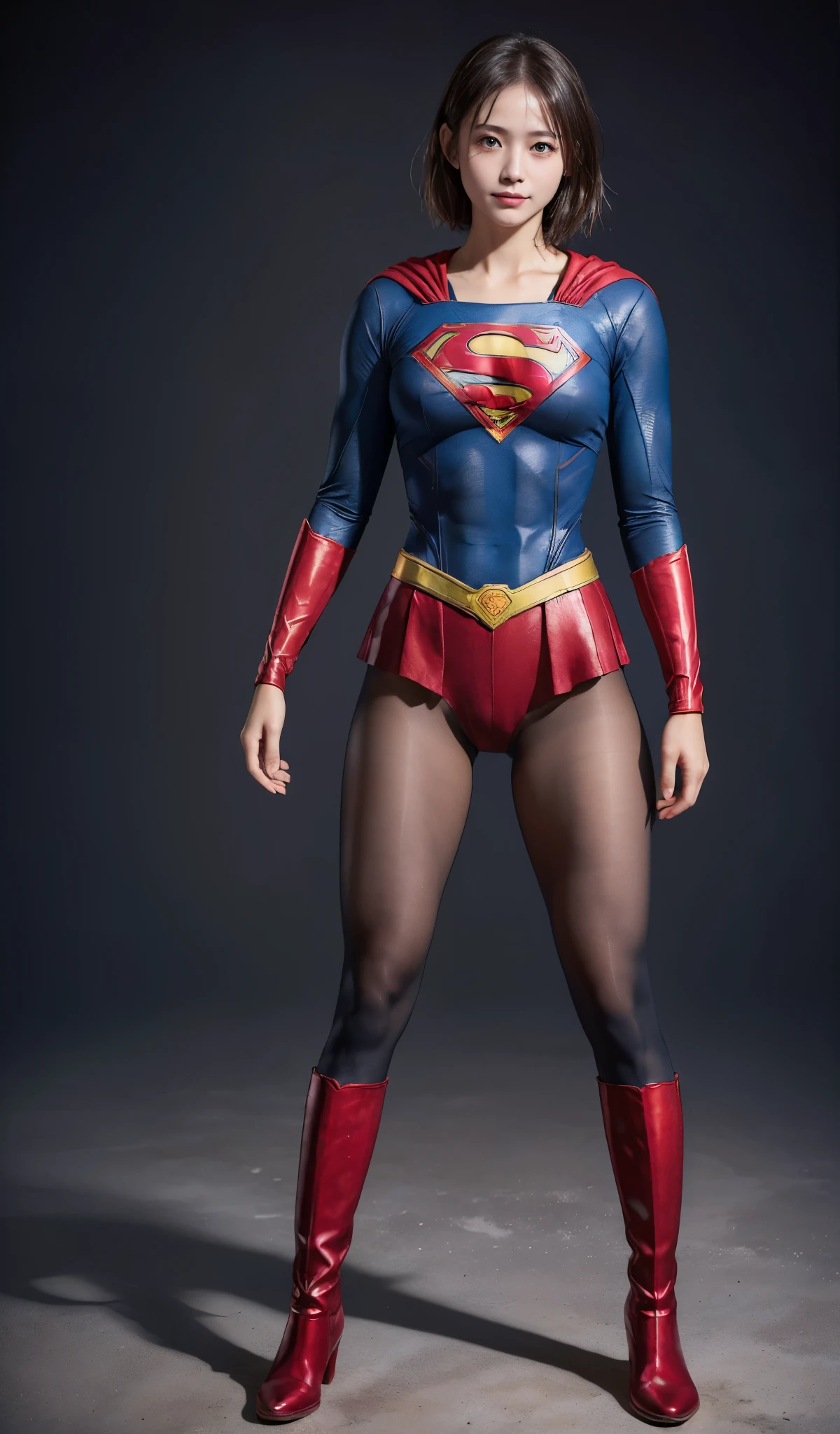 No background、(((Beautiful legs in black tights.)))、(((Legally express the beauty of your smile)))、((((Make the most of your original images)))、(((Supergirl Costume)))、(((beautiful short hair)))、(((suffering)))、(((Please wear black tights....、Wear red boots)))、((Best image quality、8K))、((highest quality、8K、masterpiece:1.3))、(((Preserve background )))、Sharp focus:1.2、Beautiful woman with perfect figure:1.4、Thin abdominal muscles:1.2、Wet body:1.5、Highly detailed face and skin texture、8K