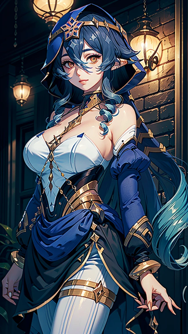 masterpiece, Super detailed, high quality, 8k CG, Huge breasts, layladef, night, blush, smile, Bright Eyes, Are standing, (Shining Eyes:1.5), Upper body details, Arms crossed,