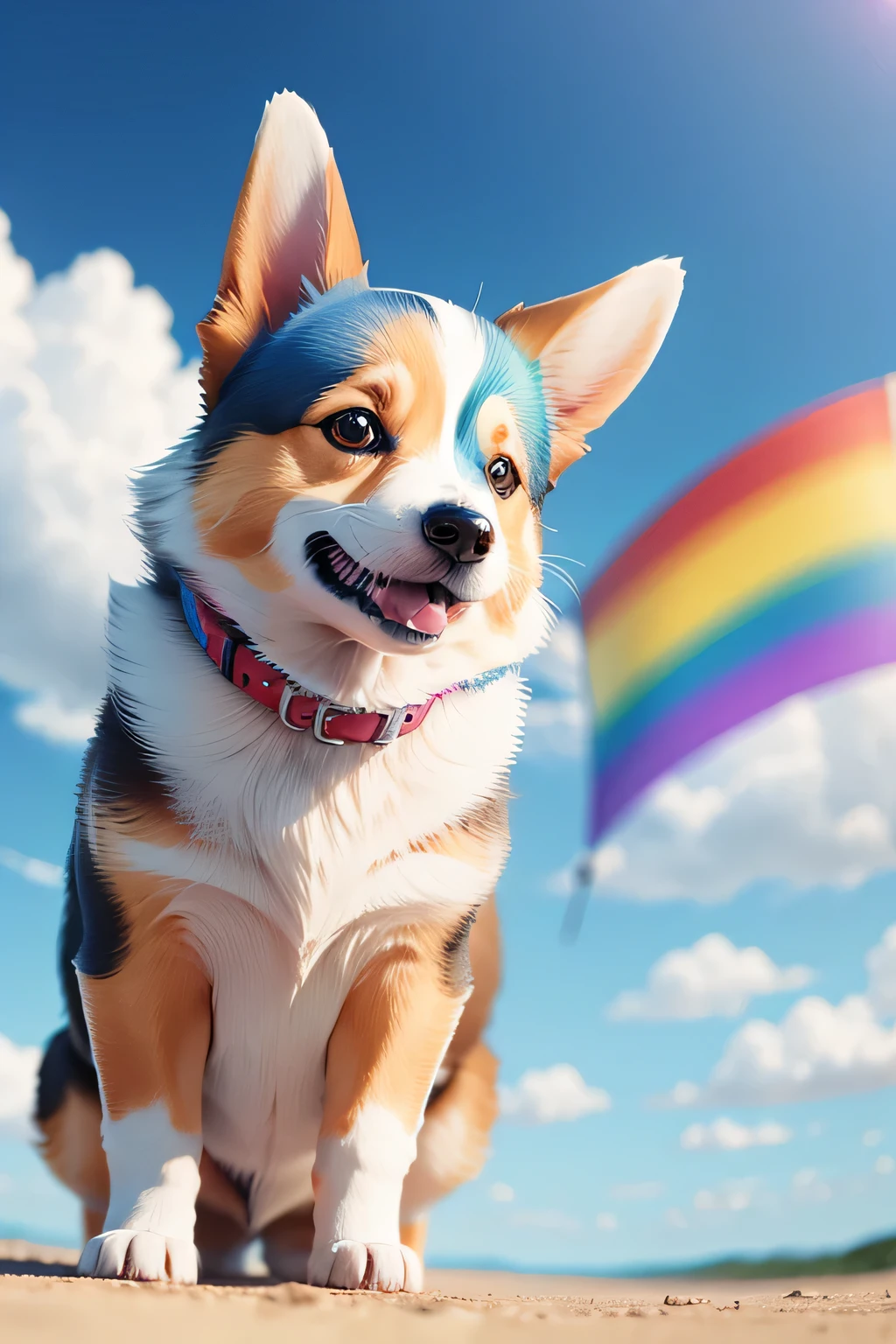 Corgi rainbow blue sky checkered flag pattern