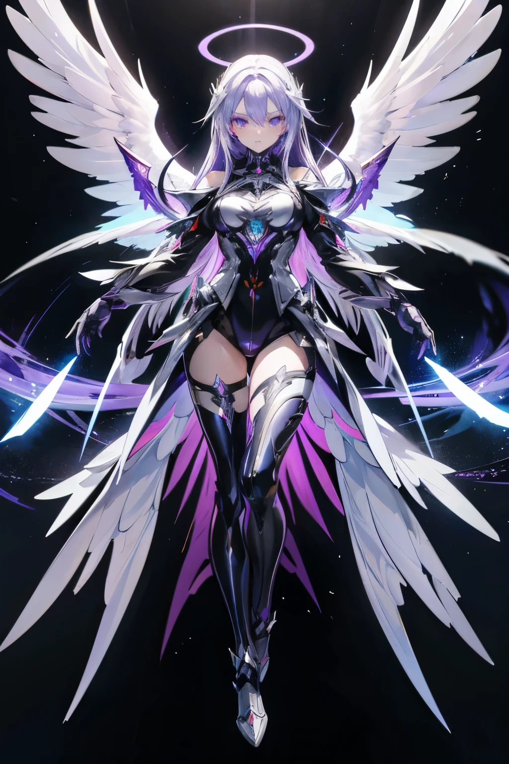 1girl, an anime girl with long purple hair, anime art, an anime drawing, purple eyes, tall woman, high quality, thin body, multiple wings, angel, six wings, head wings, glowing eyes, halo, black thighhighs, bright pupils, black clothes, thunder, black gloves, cybernetic angel, possessing metallic wings and a sleek white and silver exoskeleton, bodysuit, iron mask, five fingers, raiden shogun from genshin impact