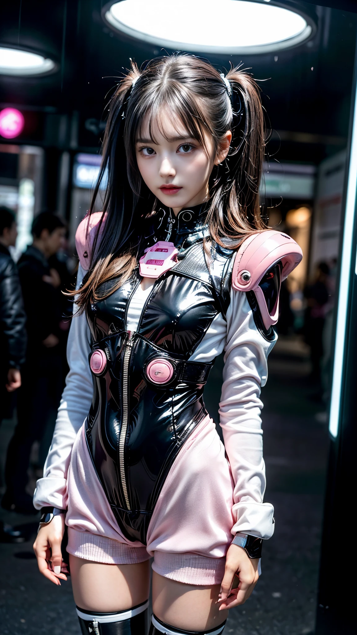 ((In the city of the near future)), (((whole body))), beautiful girl, (), Twin tails, (((Black and white pink futuristic fashion))), (Small and slender figure), (outstanding style), (Small breasts), (boots), Standing pose, (Beautiful nails:1.3), (Detailed face), (Slim thighs:1.3), (high nose:1.3), (Lip gloss on lips:1.3), (Eyes that fascinate:1.3), (Beautiful small face:1.3), (Tied up black hair:1.3), (Smooth and shiny hair:1.3), (Detailed hand:1.2), (Woman&#39;s small hand:1.4), (Accurate Shadows:1.2), (Photorealistic:1.4), (Professional Lighting), (looking at the camera), (((masterpiece))), (((highest quality))), (((Ultra high definition)))