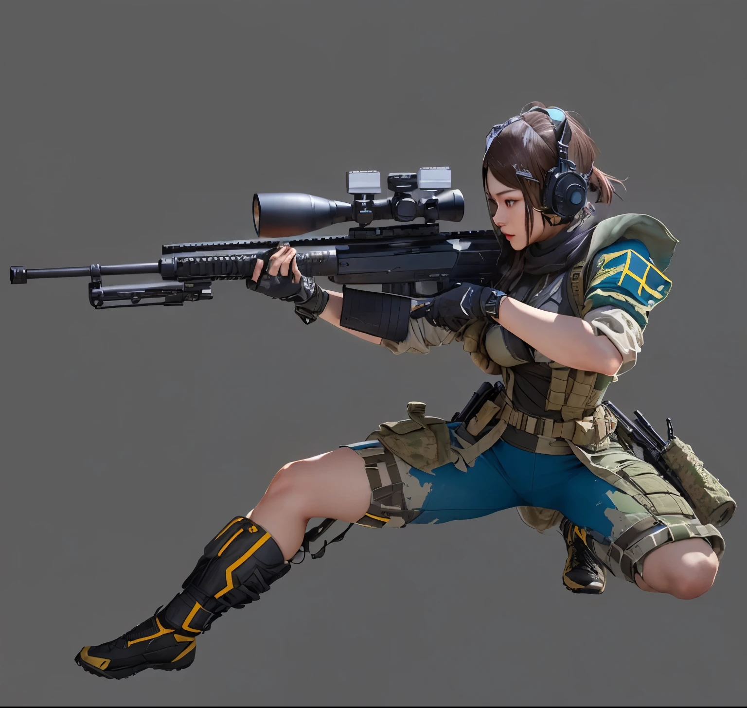 arafed female soldier With rifle and rifle in mid air, Xin Jiachengi ( Apex Legends ), With rifle, Shooting Stance, Sniper, Katana Zero video game character, Xin Jiacheng, Fighting Stance, bad posture, Metal Gear Solid Silence, Metal Gear Solid Silence v, Mechanized female soldier, in style of Apex Legends