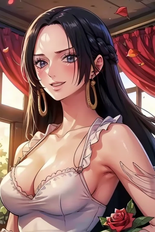 best quality, masterpiece, highly detailed,1girl, ((rose)), (vine), cage, bandage, red rope, (detail light), falling rose petals, Boa Hancock, , (masterpiece:1.5), Detailed Photo, Smiling, Sexy, (8K, Best Quality: 1.4), (1girl), Beautiful Face, (anime realistic Face), (Black Hair, long Hair: 1.3), Beautiful Hairstyle, Realistic eyes, beautiful detail eyes, (white skin), beautiful skin, absurd, attractive, ultra high resolution, ultra realistic, high definition, golden ratio, (sexually aroused:1.5), Pinkish white skin, cool white light, sexy pose, Beautiful , white background, pink soft white light, Wear a white dress, sexy armpit, black lace bra