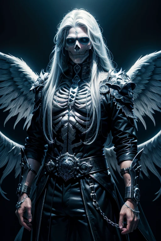 (best quality:1.2, highres), (masterpiece:1.3, ultra-detailed), (sharp focus, vivid colors), realistic, Unity wallpaper 10, absurd, skeleton, 1 handsome man, (long straight hair, long and handsome), heterochromia, white hair, black hair, angel, demons, white wings, black wings,1 man,music,metal,high quality,8k,(metalhead:1.1),detailed skull,dark color tone,vivid colors,detailed microphone,concert lighting,music festival
