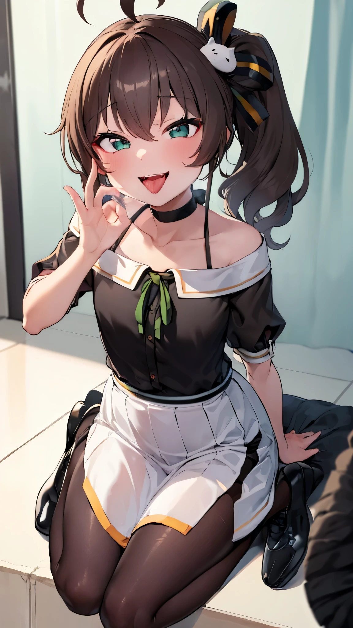  ((((Open your mouth))))、masterpiece,highest quality,High resolution,Very detailed,bb Festival,meだium hair,skinny,Ahoge,Brown Hair,(((((  Captivating smile ))))),skinny,Hair between the eyes,bangs,Hair Ribbon,Black Choker,Earrings,Black Ribbon,plaiだ shirt,Grey Shirt,shoulだer cutout,Short sleeve,See-through sleeves,Black Skirt,High Waist Skirt,Race,(( Perfect Fingers )) ,  shoes下,(black shoes下:1.4),Race trim,shoes,Black footwear,indoor,(Cafe:1.2),((Blowjob Gestures:1.5))、Open your mouth ,Sitting,Chair,Heavy breathing ,Hand in front of your mouth,Hand in front of mouth,