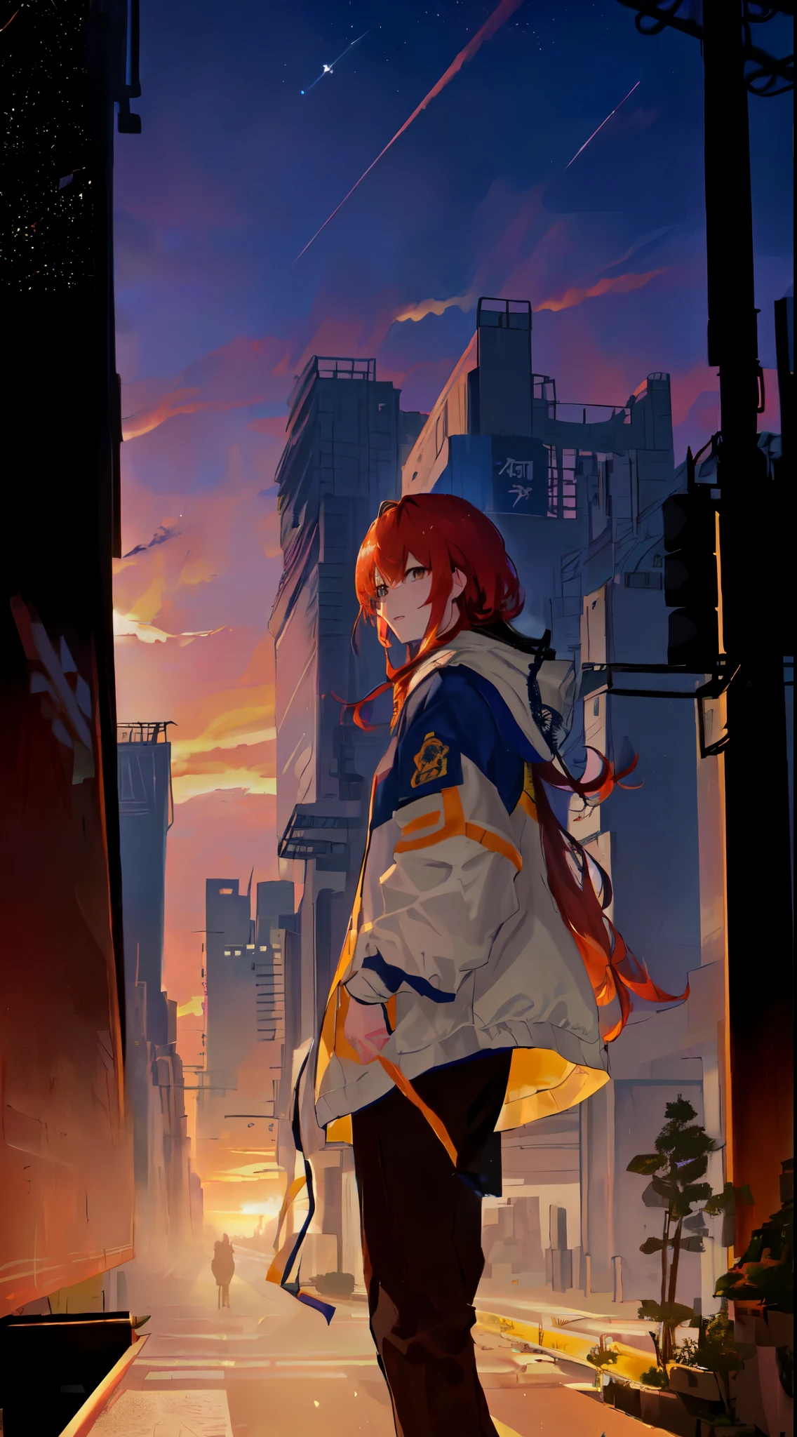 8K,Improved image quality、Fine carving、Background details,architecture刻画、Clarity!!Sunset 、动漫风格City景观, city Sunset, ((Sunset)), high detail. number, atmosphere. number, 動漫Sky, Sunset illustration, Sunset!, twilight ; number, City景观, soft number, fast, Sunset sky, background technology, 远处的City景观, octans,Sky,Star(Sky),landscape,Starry Sky,Sunset,Night Sky,solo,outdoor,architecture,cloud,Galaxy,City,Silhouette,City景观 ,Colorful,orange