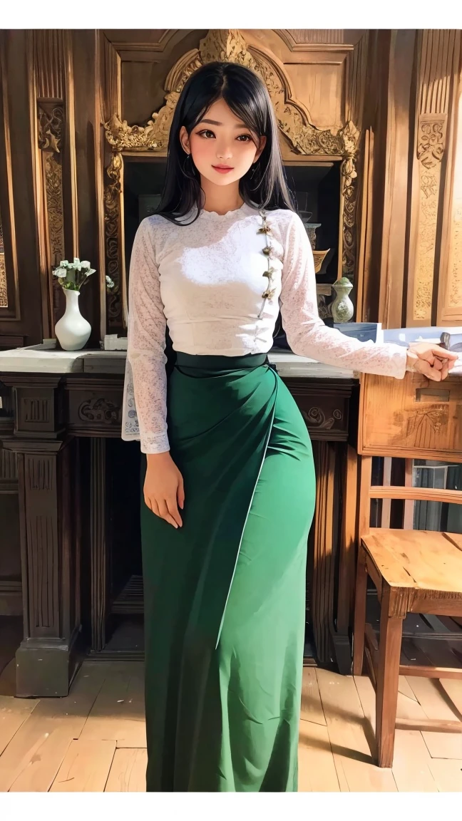 beautiful girl with cute dimples, smiling, wearing burmese dress, walking in Bagan's street, ACMM LS OUTFIT, WEARING ACMM TOP OLIVE GREEN ACMM TOP; LONG SLEEVES, WEARING ACMM LONG SKIRT, OLIVE GREEN ACMM LONG SKIRT, PRINTED SKIRT OUTDOORS, SCENERY, TRADITIONAL MEDIA, SKY, DAY, PHOTO BACKGROUND, REAL WORLD LOCATION, ARCHITECTURE, NATURE, RUINS LANDSCAPE, BAGAN ANCIENT PAGODA BACKGROUND
