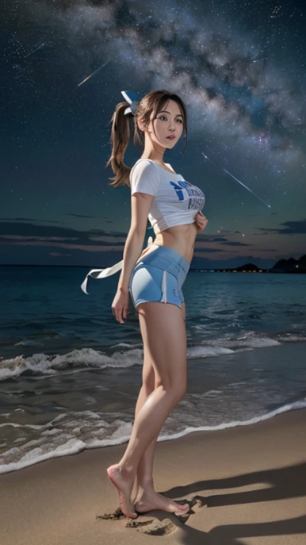 ((masterpiece)), (highest quality), 23 years old,Very detailed, finely, (High resolution), (8k), ((Perfect front viewcomposition)), (Natural color lip),(Side Ponytail:1.3),(((Standing facing forward on the beach at night, look at me))),((Printed T-shirt)),((Light blue fitness shorts)),((From the whole body to the toes:1.3)),((Perfect front view)),((The magnificent Milky Way floating in the night sky)),((Natural pose)),,((Big ribbon on thigh)),((Normal size buttocks)),((Ample breasts)),((Full and firm breasts)),(look at me微笑む),
