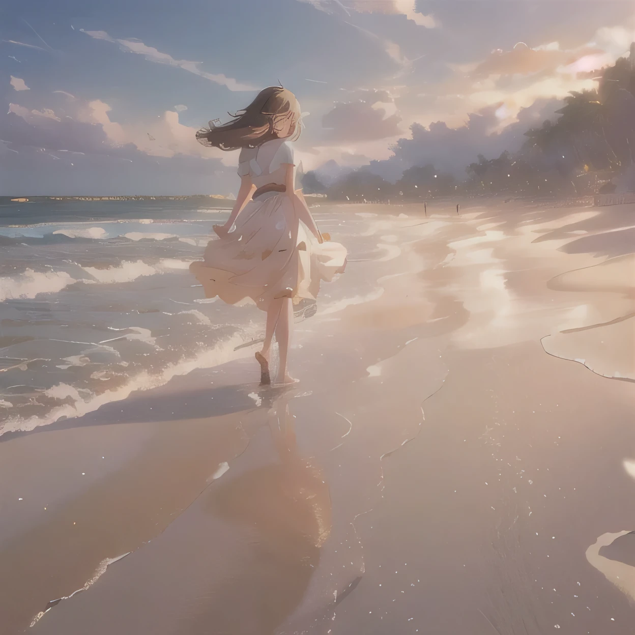 Anime girl walking on the beach，Hair blowing in the wind, Shinkai Makoto cyril rolando, Artie Guerin 8K, author：Shinkai Makoto, by Shinkai Makoto, Shinkai Makoto. — 2160 hours, ( ( Shinkai Makoto ) ), Anime girl walking on water, studio glibly Shinkai Makoto