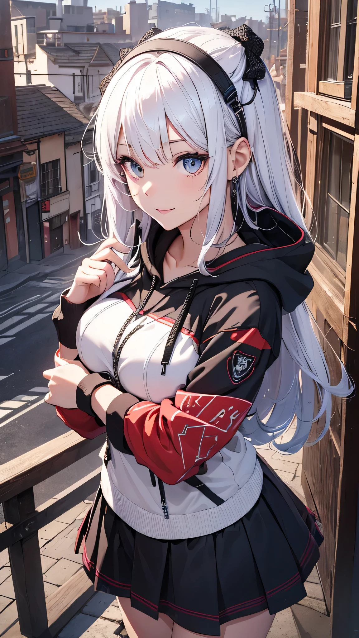 最high quality、Best image quality、masterpiece、girl((18-year-old、 By becoming、Best Bust、Medium Bust,Wide open breast tea、Red glowing eyes,Silver Hair、Disheveled Hair、Long Hair、thin,The highest valley、Open chest、White wristband、smile、hair ornamentany accessories、Black hoodie(1:2)、Blue short skirt、Angle from directly above、Disheveled clothing、Show the whole body,)),high quality、Beautiful art、background((town))、Flight、Flying debris、Written boundary depth、movie、Visual Arts、Perfect art、8K,Genuine、