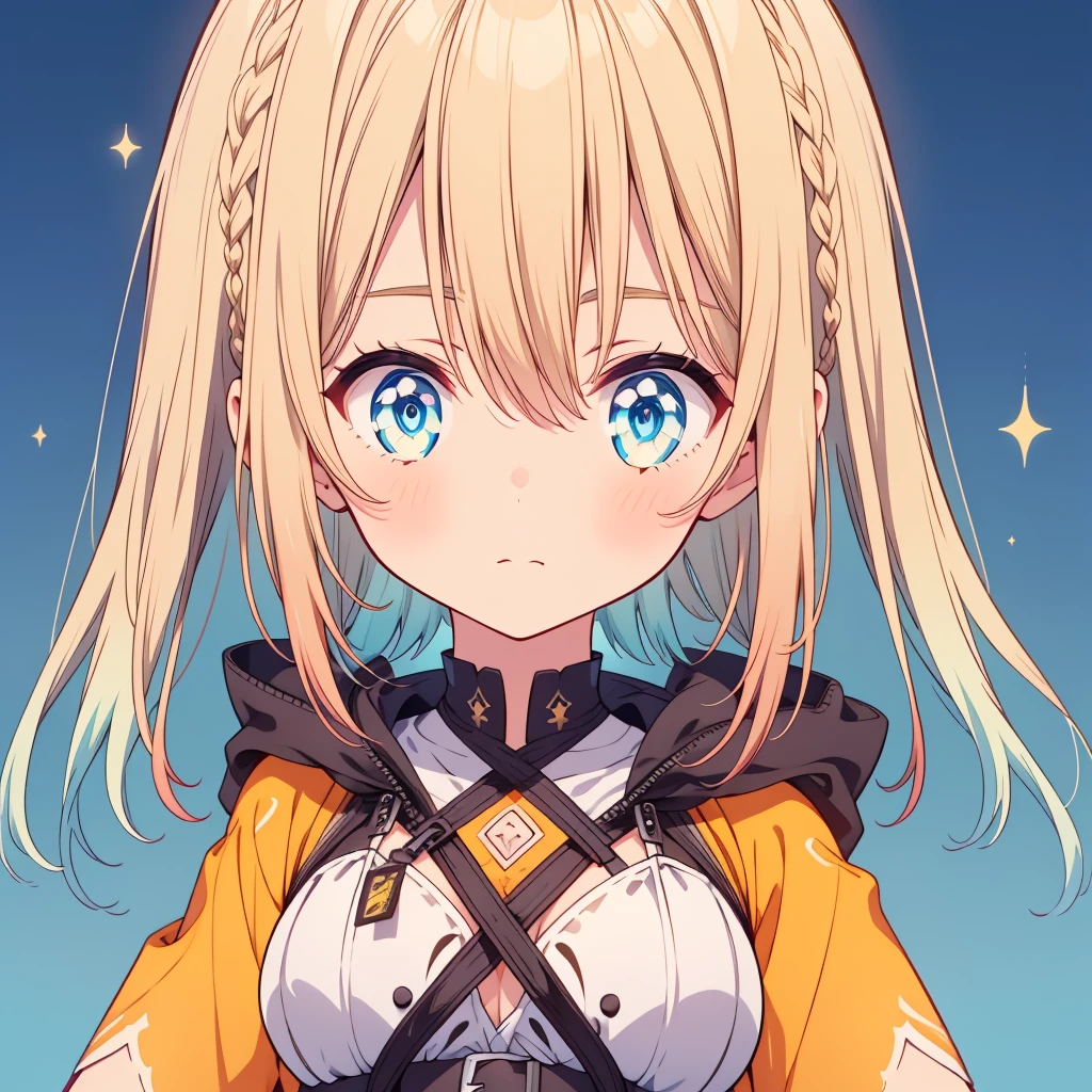Close-up shot、vtuber-halfbody、Bangs above the eyebrowasterpiece、Best Quality、Best illustrations、Super detailed、Upper Body、solo、1 girl、looking at the camera、Simple Background、Big eyes、Super detailedな眼、Sparkling eyeilky white and blue gradient long hair、Baby Face、kind face、Virtual YouTuber、