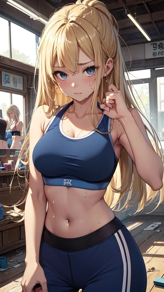 最high quality、best image quality、masterpiece、age girl((20-year-old、 By becoming、vest bust、medium bust,wide open breast tea、black eye, blonde hair、long hair、thin,highest valley、blue sports bra(1:2)、blue sports pants、Punching Pose、sweating、Sweat scattering)),high quality、beautiful art、background((dilapidated store、Bad group))debris flies、Depth of written boundary、movie、visual art、perfect art、8K,genuine、