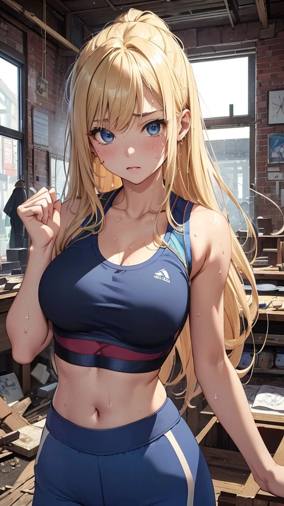 最high quality、best image quality、masterpiece、teenage girl((20-year-old、 By becoming、vest bust、medium bust,wide open breast tea、black eye, blonde hair、long hair、thin,highest valley、blue sports bra(1:2)、blue sports pants、Punching Pose、sweating、Sweat scattering)),high quality、beautiful art、background((dilapidated store、Bad group))debris flies、Depth of written boundary、movie、visual art、perfect art、8K,genuine、