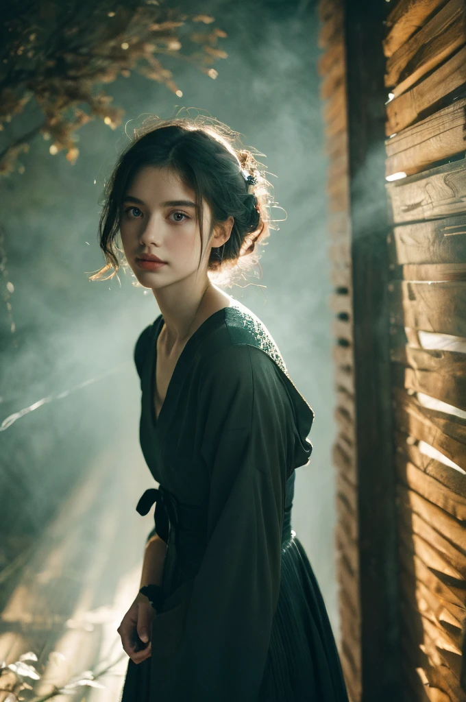 ( masterpiece, top quality, best quality,8k,17 years old girl,ultra detailed,raw photo:1.5),(photorealistic:1.4), (cinematic lighting), PerfectNwsjMajic, , Surrealism, UHD, ccurate, Super detail, textured skin, High detail, Best quality, dynamic angle, White skin,[Beautiful blue eyes], high nose,[flat chest:large breasts:0.5],(1girl),(good anatomy:0.5)), Dreamy atmosphere, Dark,expressive brush strokes, mystical ambiance, Artistic interpretation, Stunning Studio Ghibli style costumes, a whimsical illustration, Subtle colors and tones, mystical aura, 