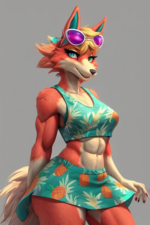 a digital artwork of audie with abs wearing a crop top of her default sleeveless plain turquoise and  pineapple printed  dress with  turquoise  and  pineapple printed  skirt, a bare midriff and a bare navel, she has sunglasses on her forehead, ((best quality)), ((masterpiece)), (detailed)), perfect face