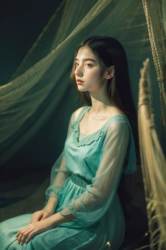 ( masterpiece, top quality, best quality,8k,17 years old girl,ultra detailed,raw photo:1.5),(photorealistic:1.4), (cinematic lighting), PerfectNwsjMajic, , Surrealism, UHD, ccurate, Super detail, textured skin, High detail, Best quality, dynamic angle, White skin,[Beautiful blue eyes], high nose,[flat chest:large breasts:0.5],(1girl),(good anatomy:0.5)), Dreamy atmosphere, Dark,expressive brush strokes, mystical ambiance, Artistic interpretation, Stunning Studio Ghibli style costumes, a whimsical illustration, Subtle colors and tones, mystical aura, 