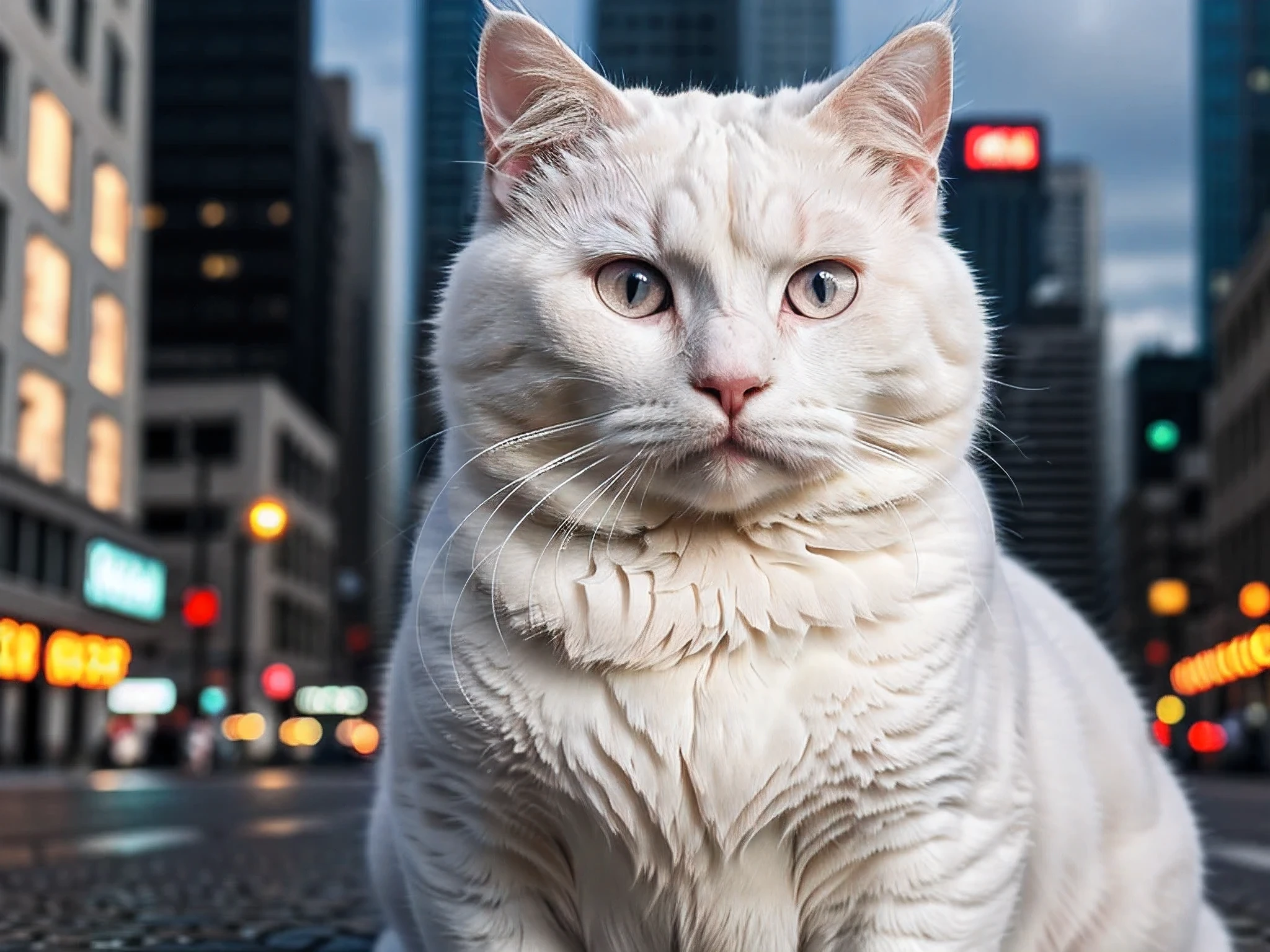 (best quality,4k,high details,super detail),grey eyes,fat albino cat,confident cool city background wallpaper
