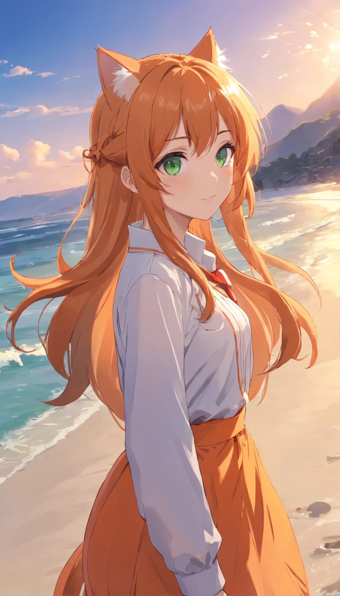 Anime girl with long orange hair, standing on the beach near the ocean, green eyes detailed digital anime art, cat ear, anime girl with long hair, гладкое аниме cg art, anime girl with long hair, digital anime art, work in Guweiz style, Beautiful anime portrait, Photorealistic render of an anime girl, Beautiful anime girl, advanced digital anime art, guweiz на artstation pixiv HD UHD HQ