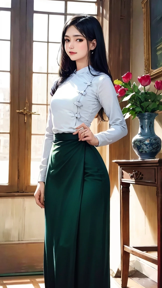 A picture of an elegant woman with beautiful long hair, decorated with a delicate jasmine vase, standing in a standing posture, charming body, high hips, The image draws the viewer in with the beautiful gazette of the grand library. expertly crafted; High-resolution digital painting reveals intricate details and evokes the beauty of emptiness and ingenuity. The warm light highlights her features and the soft c's on her face, while the soft background adds depth to the composition. Admirable craftsmanship (acmmsayarma outfi t, acmmsayarma white top with buttons, long sleeve es); (acmmsayarma green long skirt))