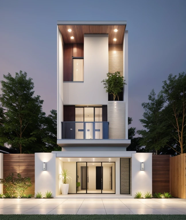 Realistic, hyper detail, 1 morden house, 1 road infront of the house, night light, light from indoor:1.3, few red flower, main maerial about white wall and wooden cladding