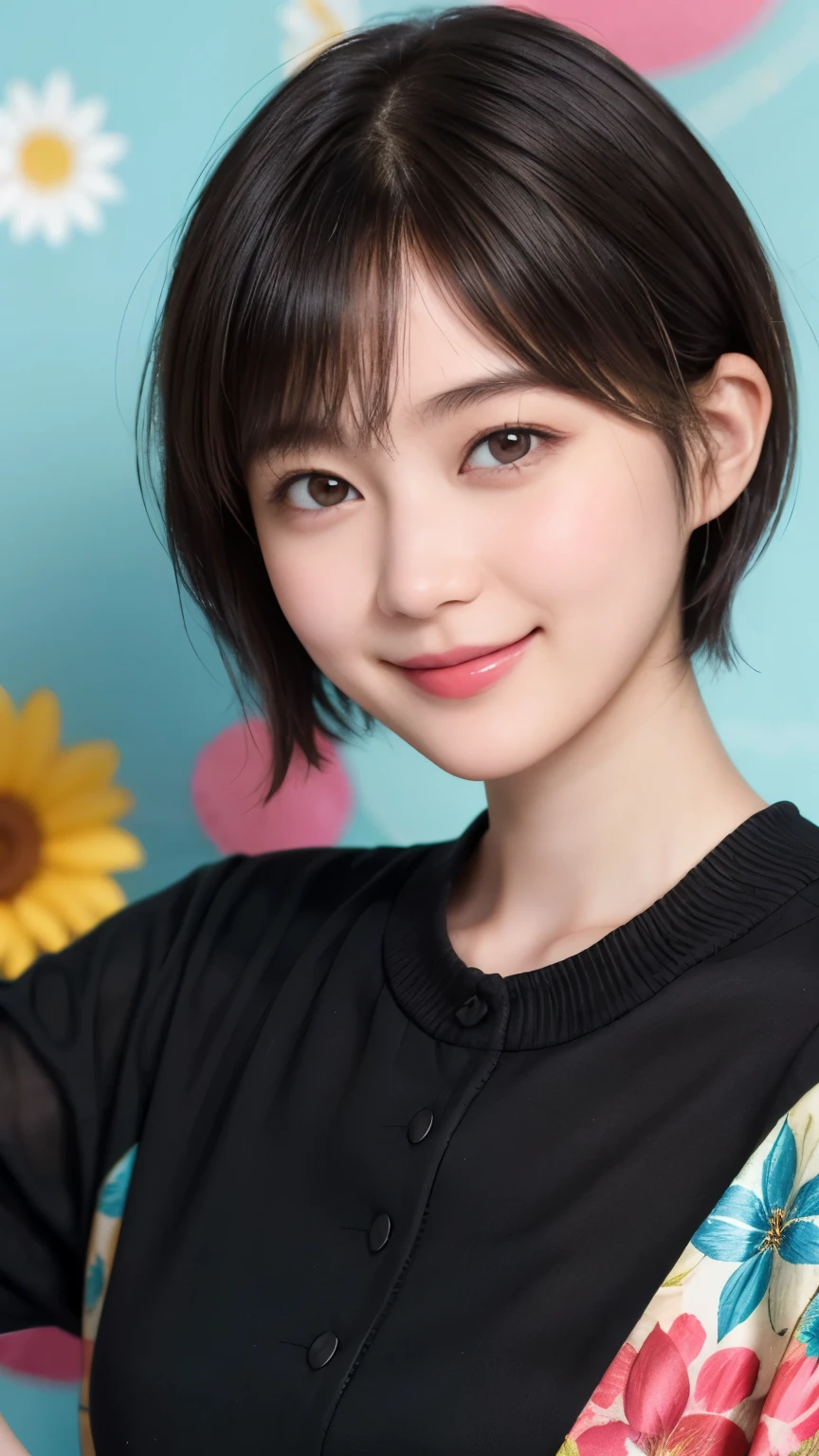 215 Short Hair, 20-year-old woman, A kind smile, Floral