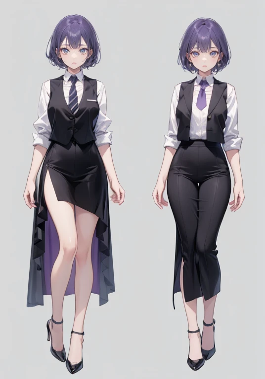 ((Perfect Face)),Purple Hair,Very short hair,1 female,,Black vest,Roll up your sleevesＹshirt,tie,slit,High heels,,((Simple Background)),smile,((Full Body)),((full body)),Arms down