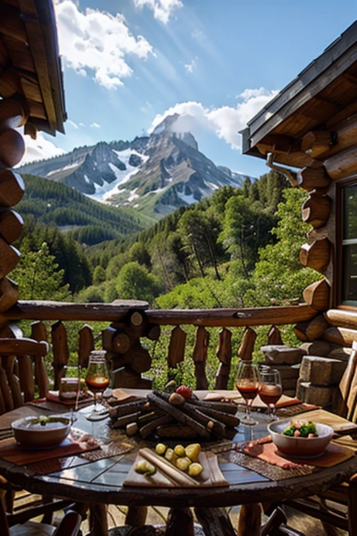 Foods mountain waterfall log cabin