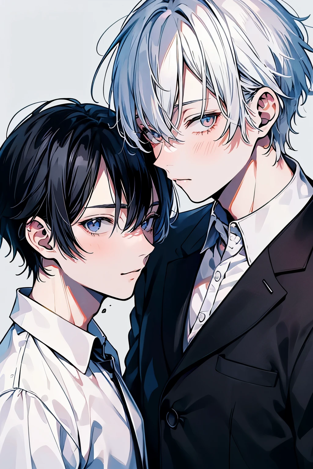(Mastepiece), (Best Quality), Very detailed, ((Two friendly men)), Perfect Face, Beautiful Face, Very detailed顔,(Black Haired Man:1.3),(Man with white hair:1.3),suit,shirt