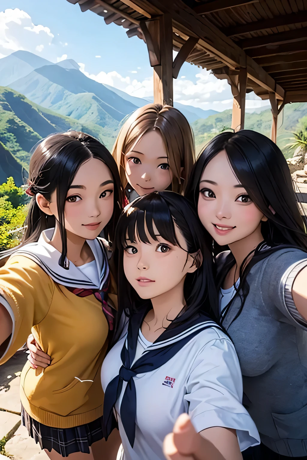 highest quality、High resolution、Detailed Background、(Beautiful face in every detail:1.4)、Anatomically correct、(Draw the usual number of fingers:1.2)、(Detailed facial expressions)、(Detailed eyes:1.2)、(Detailed eyes:1.2)、Beautiful, smooth skin、Beautiful girl in her 20s、(Huge breasts:1.3)、(Highly detailed face:1.4)、Brown Hair、Black Hair、ponytail、Bobcut、Braided long hair、Wavy Hairstyle、well-groomed eyebrows、Perfect body line、Sailor suit、light blue sailor color、Pleated skirt with tartan plaid pattern、Brightly colored school cardigans、White knee-high socks、In a joking manner、Machu Picchu Ruinysterious atmosphere、Cowboy Shot、
(Three beautiful girls standing side by side taking a selfie with big smiles:1.5)、
Lush Mountains々It is located in a beautiful location surrounded by、When the sun rises, the entire ruins shine in gold.、Clouds Mountain々The river flows through the area and envelops the ruins.、Ancient Inca stone structures come into view、
The stone steps and terraces are carefully arranged, and the higher you climb the more spectacular the views of the ruins become.、
From the top of Machu Picchu you can see a deep valley, a flowing river and a mountain range in the distance.々You can see the whole view、The lush terraces of the ruins and the sacred Inca symbols carved into the rocks blend seamlessly into nature.、At sunset, the sunlight shines on the mountain.々We will dye it.、
The orange and red lights reflect off the ruins, adding to the mysterious atmosphere.、
At night, the stars light up the ruins and the sky is filled with constellations.、
The wisdom of ancient civilizations and the mysteries of nature、Amazing beauty、people visiting々It is a place that inspires emotion and respect.、cute