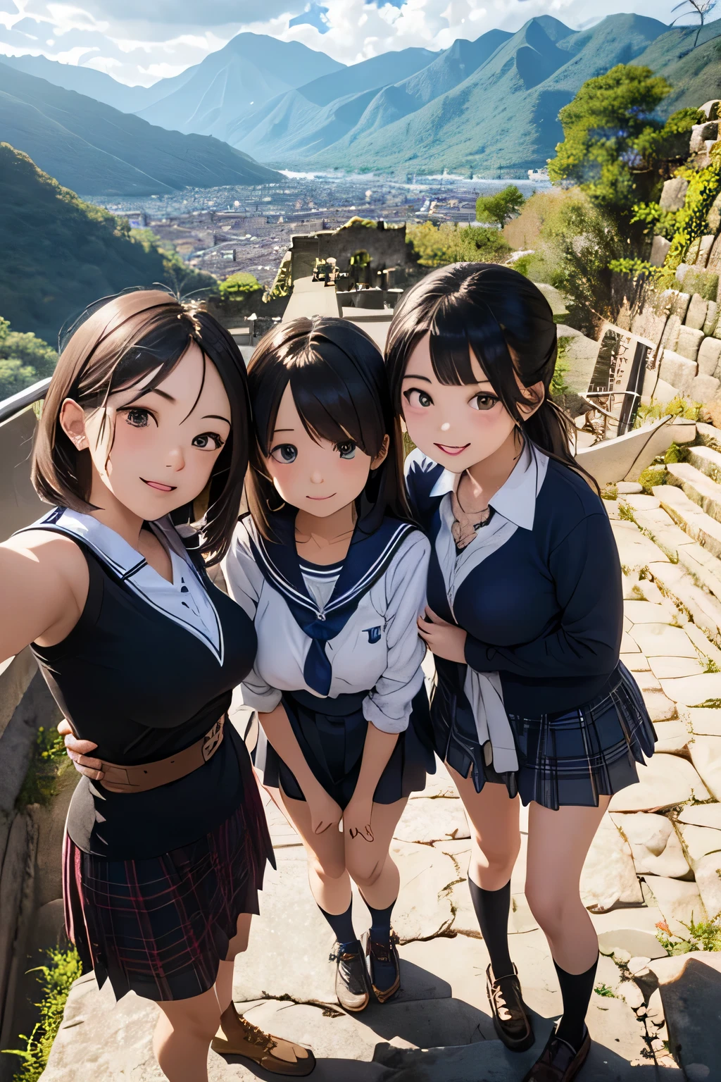 highest quality、High resolution、Detailed Background、(Beautiful face in every detail:1.4)、Anatomically correct、(Draw the usual number of fingers:1.2)、(Detailed facial expressions)、(Detailed eyes:1.2)、(Detailed eyes:1.2)、Beautiful, smooth skin、Beautiful girl in her 20s、(Huge breasts:1.3)、(Highly detailed face:1.4)、Brown Hair、Black Hair、ponytail、Bobcut、Braided long hair、Wavy Hairstyle、well-groomed eyebrows、Perfect body line、Sailor suit、light blue sailor color、Pleated skirt with tartan plaid pattern、Brightly colored school cardigans、White knee-high socks、In a joking manner、Machu Picchu Ruinysterious atmosphere、Cowboy Shot、

(Three beautiful girls standing side by side taking a selfie with big smiles:1.5)、

Lush Mountains々It is located in a beautiful location surrounded by、When the sun rises, the entire ruins shine in gold.、Clouds Mountain々The river flows through the area and envelops the ruins.、Ancient Inca stone structures come into view、
The stone steps and terraces are carefully arranged, and the higher you climb the more spectacular the views of the ruins become.、
From the top of Machu Picchu you can see a deep valley, a flowing river and a mountain range in the distance.々You can see the whole view、The lush terraces of the ruins and the sacred Inca symbols carved into the rocks blend seamlessly into nature.、At sunset, the sunlight shines on the mountain.々We will dye it.、
The orange and red lights reflect off the ruins, adding to the mysterious atmosphere.、
At night, the stars light up the ruins and the sky is filled with constellations.、
The wisdom of ancient civilizations and the mysteries of nature、Amazing beauty、people visiting々It is a place that inspires emotion and respect.、cute