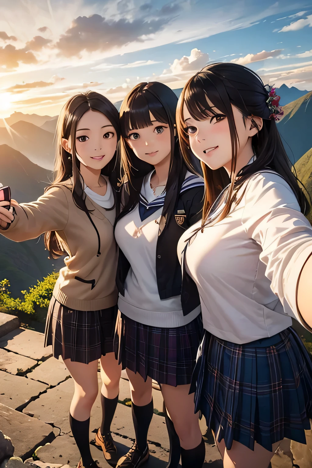 highest quality、High resolution、Detailed Background、(Beautiful face in every detail:1.4)、Anatomically correct、(Draw the usual number of fingers:1.2)、(Detailed facial expressions)、(Detailed eyes:1.2)、(Detailed eyes:1.2)、Beautiful, smooth skin、Beautiful girl in her 20s、(Huge breasts:1.3)、(Highly detailed face:1.4)、Brown Hair、Black Hair、ponytail、Bobcut、Braided long hair、Wavy Hairstyle、well-groomed eyebrows、Perfect body line、Sailor suit、light blue sailor color、Pleated skirt with tartan plaid pattern、Brightly colored school cardigans、White knee-high socks、In a joking manner、Machu Picchu Ruinysterious atmosphere、Cowboy Shot、
(Three beautiful girls standing side by side taking a selfie with big smiles:1.5)、
Lush Mountains々It is located in a beautiful location surrounded by、When the sun rises, the entire ruins shine in gold.、Clouds Mountain々The river flows through the area and envelops the ruins.、Ancient Inca stone structures come into view、
The stone steps and terraces are carefully arranged, and the higher you climb the more spectacular the views of the ruins become.、
From the top of Machu Picchu you can see a deep valley, a flowing river and a mountain range in the distance.々You can see the whole view、The lush terraces of the ruins and the sacred Inca symbols carved into the rocks blend seamlessly into nature.、At sunset, the sunlight shines on the mountain.々We will dye it.、
The orange and red lights reflect off the ruins, adding to the mysterious atmosphere.、
At night, the stars light up the ruins and the sky is filled with constellations.、
The wisdom of ancient civilizations and the mysteries of nature、Amazing beauty、people visiting々It is a place that inspires emotion and respect.、cute