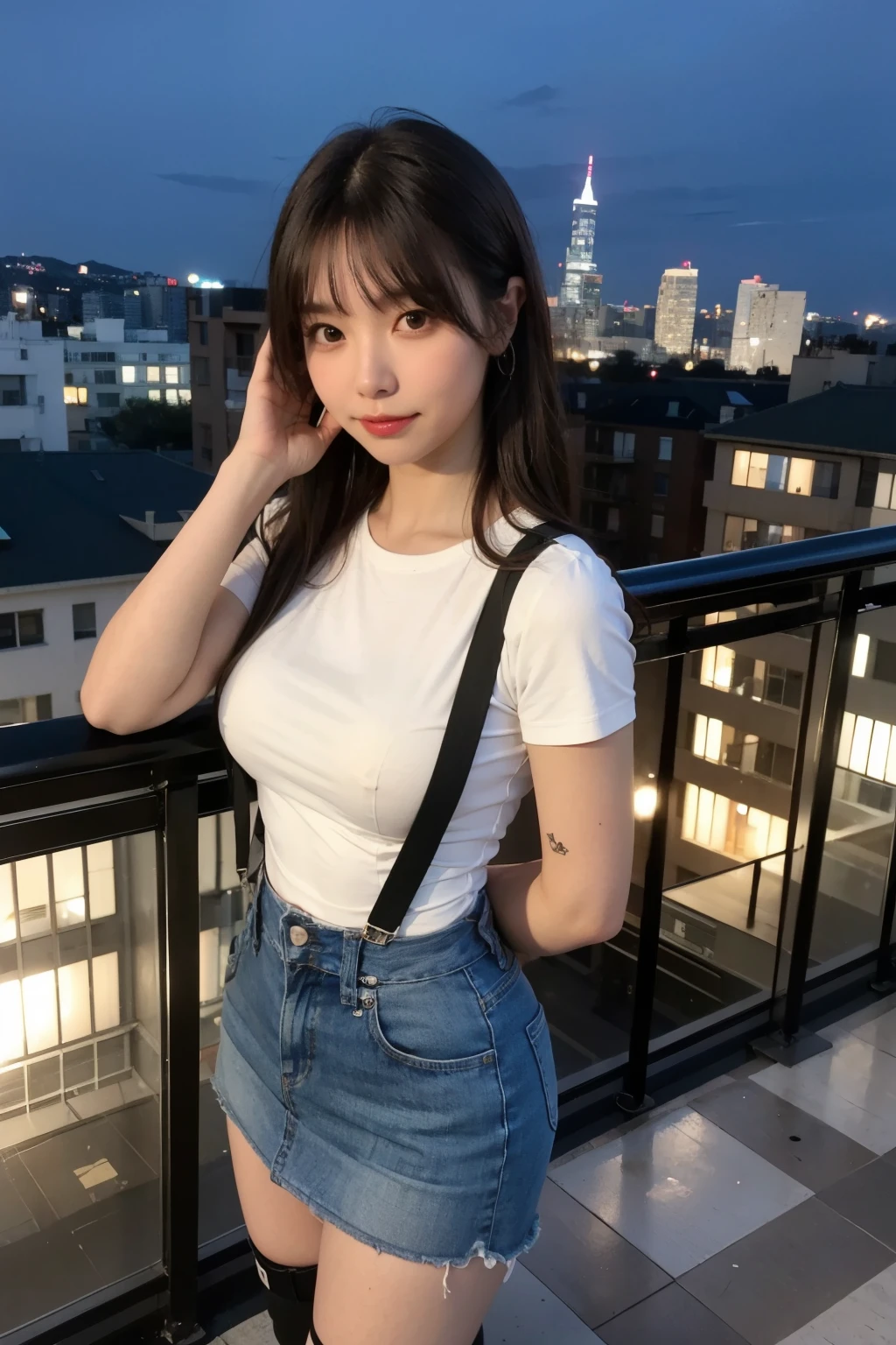 ((Midnight, highest quality, 8k, masterpiece :1.3)), whole body, Long legs, Sharp focus :1.2, Beautiful woman with perfect figure :1.4, Slim Abs :1.1, ((Dark brown hair, Big Breasts :1.2)), (White tight T-shirt, Jean Bib, Are standing:1.2), ((Night city view, rooftop:1.3)), Very detailedな顔と肌の質感, Fine grain, Double eyelids one girl,highest quality,masterpiece,figure,Very delicate and beautiful,CG,Unity,8k wallpaper,wonderful,In detail,masterpiece,Official Art,Very detailed CG Unity 8k wallpaper,Incredibly absurd,Large file size,Very detailedな,High resolution,Very detailed,Beautiful detailed girl,Realistic,from the front,Outdoor,　suspenders　　　Large swollen breasts　　 　 　　　　Black mini skirt　garter belt　Knee-high socks　　　　　　　bangs 　　　　　Beauty　　Hands up　　 　　Black boots 　　　　one person 　　　Dress shirt　　　Hands Behind Back　put your hands behind your back　　With your hands behind your back　Armament　holster　　A room at the Belt Hotel　Bed　Wall side　