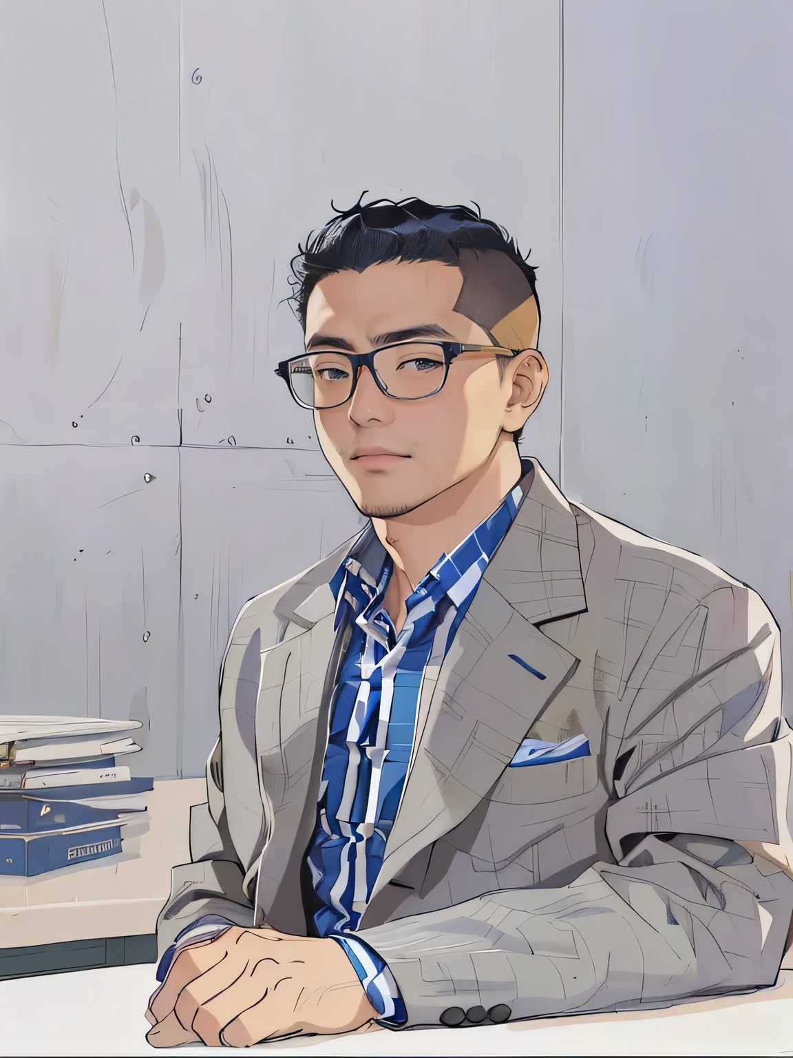 A man is sitting at the table,Holding a notebook in hand, Rafurai and Kentaro Miura's style, Kentaro Miura manga art style, jc leyendecker and sachin teng, Anime portrait of a handsome man, Kentaro Miura's style, Sachten's Style, High quality portrait, Kentaro Miura's artistic style