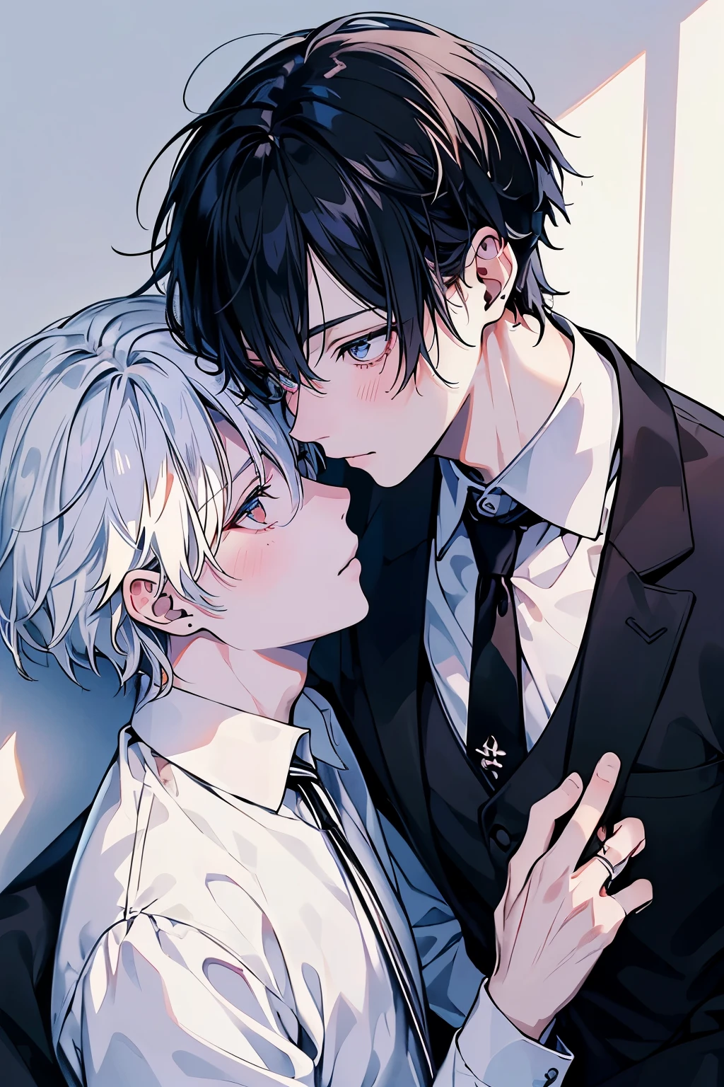 (Mastepiece), (Best Quality), Very detailed, ((two men intimate)), Perfect Face, Beautiful Face, Very detailed顔,(Black Haired Man:1.3),(Man with white hair:1.3),suit,shirt