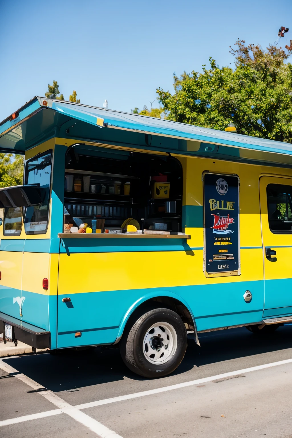 (best quality, highres, masterpiece:1.2), vibrant blue colored ice cream food truck with yellow accents, featuring the brand name "Ice MUST Cream" in bold letters on the side. The truck has a complete side view, showcasing its unique design and details. The body of the truck is painted in a refreshing shade of blue, which is the main color theme, while the yellow accents add a playful touch. The truck has a dedicated space for the menu, where various flavors and toppings are listed in an eye-catching style. The bottom part of the truck is adorned with a whimsical wave pattern, adding a fun and whimsical element. The overall image quality is of the highest standard, with ultra-detailed elements and realistic details. The art style of the image is a combination of vibrant illustrations and photorealistic rendering. The color palette is vibrant and inviting, with a focus on the blue and yellow tones to create a cheerful and lively atmosphere. The lighting in the image is bright and well-balanced, illuminating the truck and its surroundings with a warm and inviting glow.