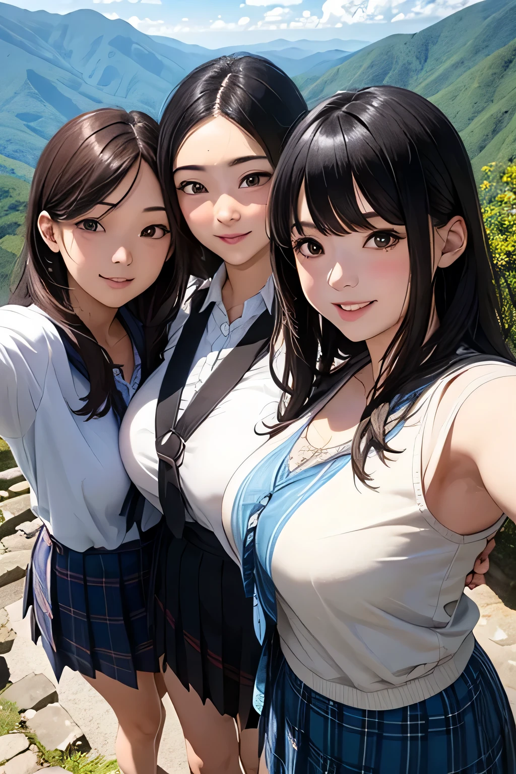 highest quality、High resolution、Detailed Background、(Beautiful face in every detail:1.4)、Anatomically correct、(Draw the usual number of fingers:1.2)、(Detailed facial expressions)、(Detailed eyes:1.2)、(Detailed eyes:1.2)、Beautiful, smooth skin、Beautiful girl in her 20s、(Huge breasts:1.3)、(Highly detailed face:1.4)、Brown Hair、Black Hair、ponytail、Bobcut、Braided long hair、Wavy Hairstyle、well-groomed eyebrows、Perfect body line、Sailor suit、light blue sailor color、Pleated skirt with tartan plaid pattern、Brightly colored school cardigans、White knee-high socks、In a joking manner、Machu Picchu Ruinysterious atmosphere、Cowboy Shot、
(Three beautiful girls standing side by side taking a selfie with big smiles:1.5)、
Lush Mountains々It is located in a beautiful location surrounded by、When the sun rises, the entire ruins shine in gold.、Clouds Mountain々The river flows through the area and envelops the ruins.、Ancient Inca stone structures come into view、
The stone steps and terraces are carefully arranged, and the higher you climb the more spectacular the views of the ruins become.、
From the top of Machu Picchu you can see a deep valley, a flowing river and a mountain range in the distance.々You can see the whole view、The lush terraces of the ruins and the sacred Inca symbols carved into the rocks blend seamlessly into nature.、At sunset, the sunlight shines on the mountain.々We will dye it.、
The orange and red lights reflect off the ruins, adding to the mysterious atmosphere.、
At night, the stars light up the ruins and the sky is filled with constellations.、
The wisdom of ancient civilizations and the mysteries of nature、Amazing beauty、people visiting々It is a place that inspires emotion and respect.、cute